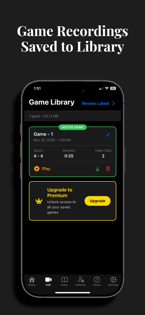 iRefFoos - iRefFoos app screen showing the game library with a saved foosball match recording and match statistics