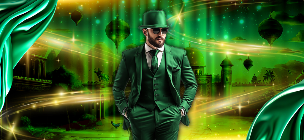 Geen Sultan: Wild Desert - Man in a green suit and fedora standing in a vibrant green desert landscape