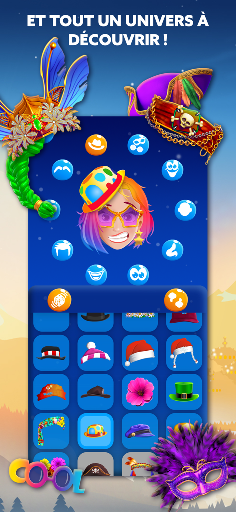 Schnittstelle zur Avatar-Anpassung in der Wiloki-App, die eine Vielzahl von bunten Hüten und Accessoires zur Personalisierung zeigt.