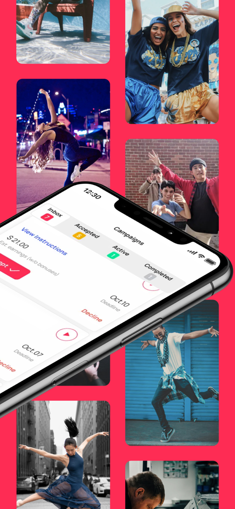 Sound.me - Smartphone displaying the Sound.me app campaign dashboard over a collage of young TikTok creators