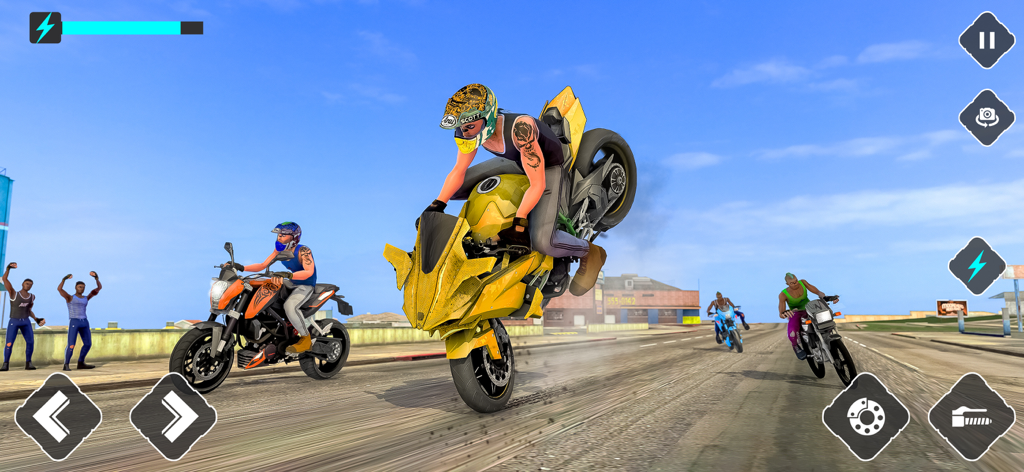 Stunt Race Bike: Dirt Bike 3d - A motorcycle racer performing a wheelie stunt on a yellow bike in a 3D racing game