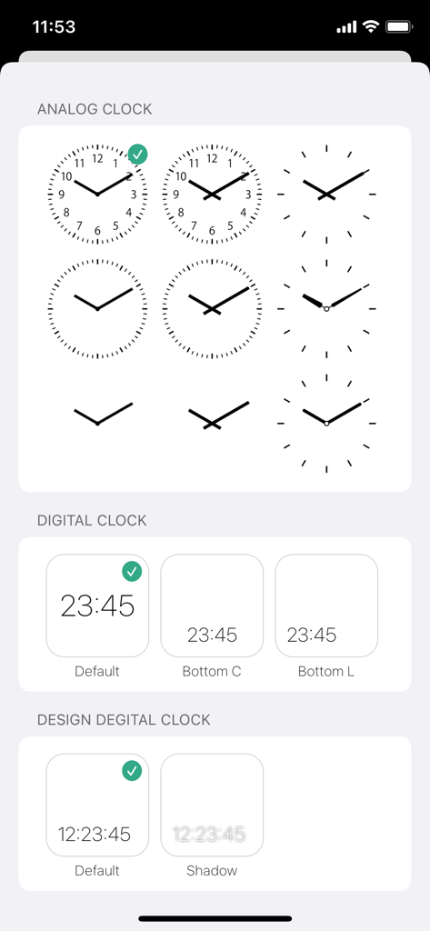 Widgets SD - Photo & Calendar - Selection interface for analog and digital clock widget styles in Widgets SD app
