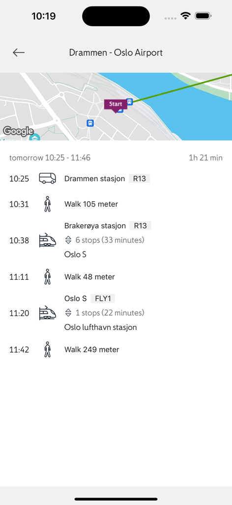 Fahrplan für öffentliche Verkehrsmittel zum Flughafen Oslo in der Avinor-Mobil-App