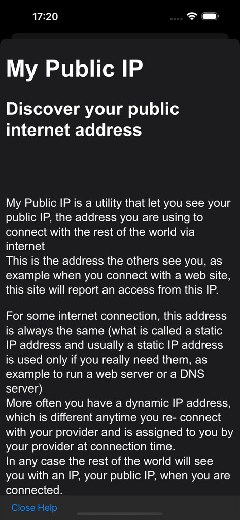 My Public IP - Écran d'information de l'application Mon IP Publique expliquant les adresses IP publiques Internet