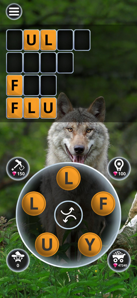 Captura de pantalla del juego Word Animals mostrando un puzzle de palabras con fondo de lobo.