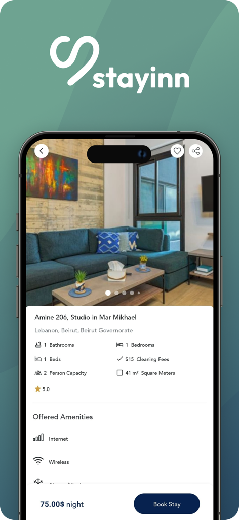 Stayinn: You have a home here - Stayinn 모바일 앱, 베이루트 마르 미카엘의 스튜디오 아파트 목록, 예약 세부 정보 및 편의 시설 표시