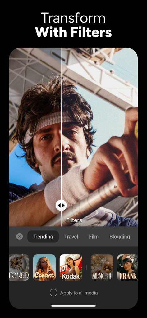 Geteilter Bildschirm, der die Transformation eines Fotos mit Filtern in der Instories-App zeigt