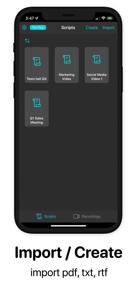Autoprompt Pro AI Teleprompter - Pantalla de gestión de guiones del Teleprompter Autoprompt Pro AI mostrando opciones para importar y crear guiones de video