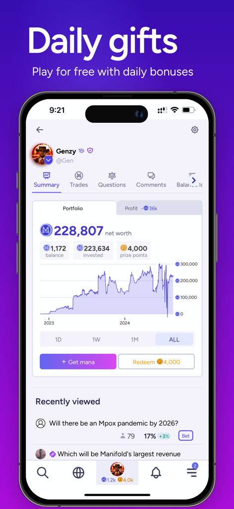 Manifold Markets - Manifold Markets app interface showing a user portfolio net worth graph and active prediction markets