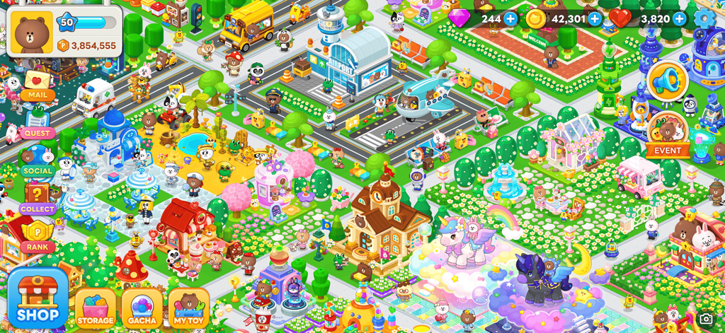 A vibrant isometric view of a decorated toy town in the Brown Toys mobile game featuring various buildings and LINE FRIENDS characters