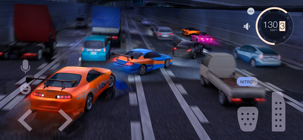 Multiplayer car racing gameplay on a highway with customized sports cars
