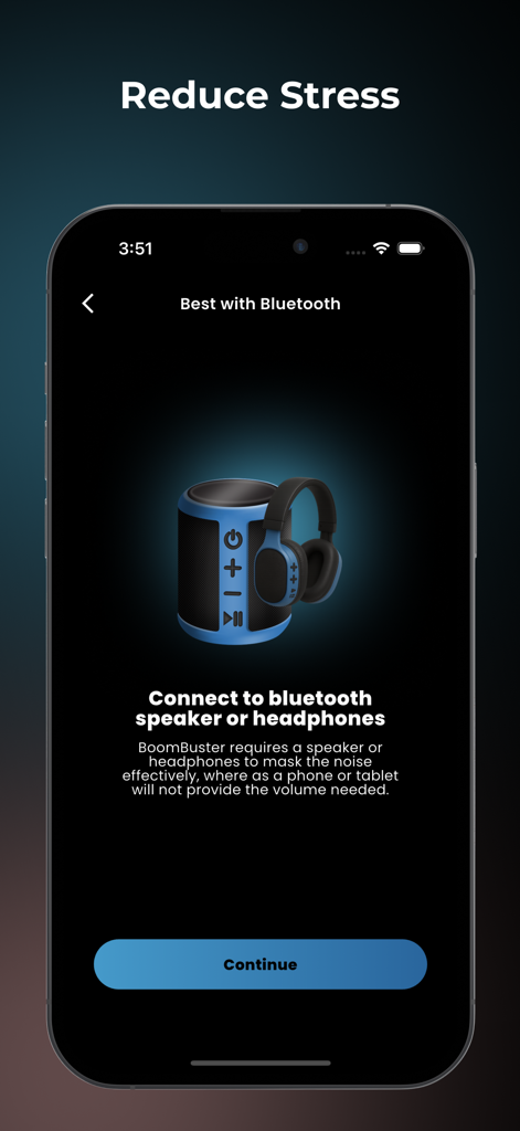 BoomBuster: Noise Blocker - Écran de l'application BoomBuster montrant les instructions de connexion des haut-parleurs Bluetooth et des écouteurs