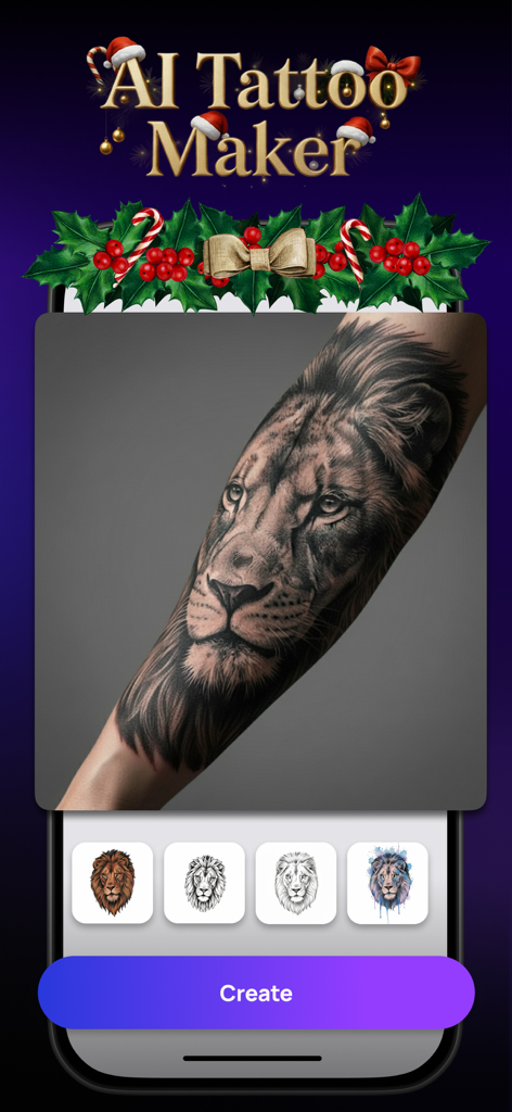 AI Art Generator & Logo - Hexa - Hexa AI app interface showing a realistic lion tattoo design on a forearm with festive Christmas decorations