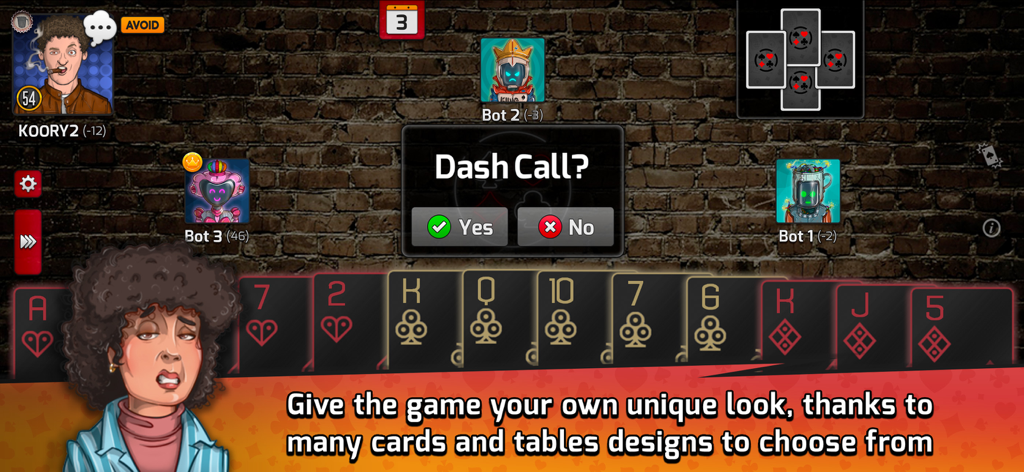 Gameplay screen of Pocket Estimation showing a customized brick table and unique card designs.