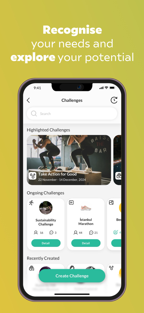 Wellbees - Wellbees app screen showing highlighted and ongoing corporate wellness challenges including fitness and sustainability
