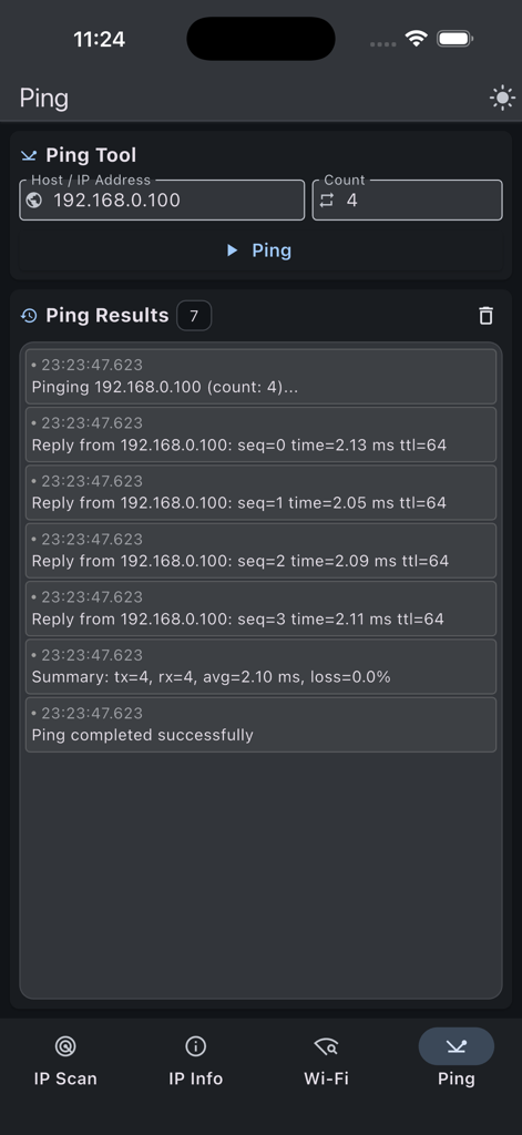 Advanced IP Scanner - Screen showing ping test results for a local network address in Advanced IP Scanner app