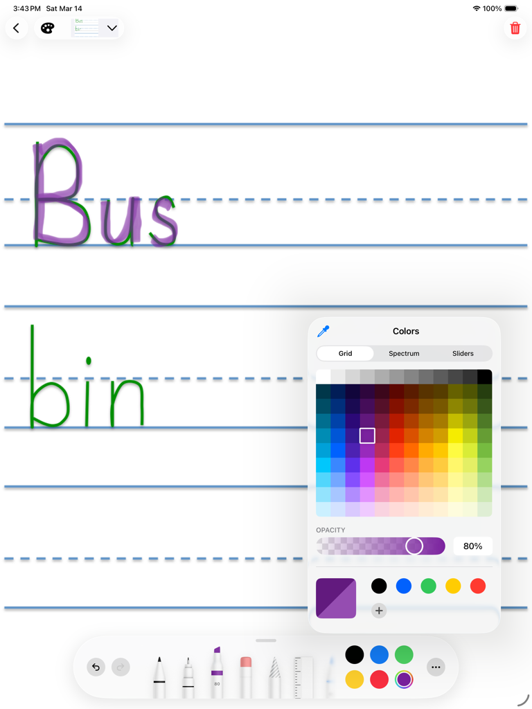 doodle write - iPad screen of doodle write app showing handwriting practice with print words and a color palette tool.