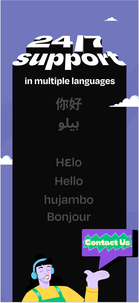 LemFi mobile app screen showing 24/7 customer support available in multiple languages.
