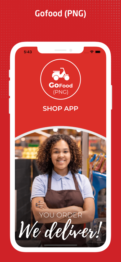GoFood (PNG) Shop - GoFood PNG Shopアプリのウェルカム画面。笑顔のストアマーチャントと配達ロゴが表示されています。