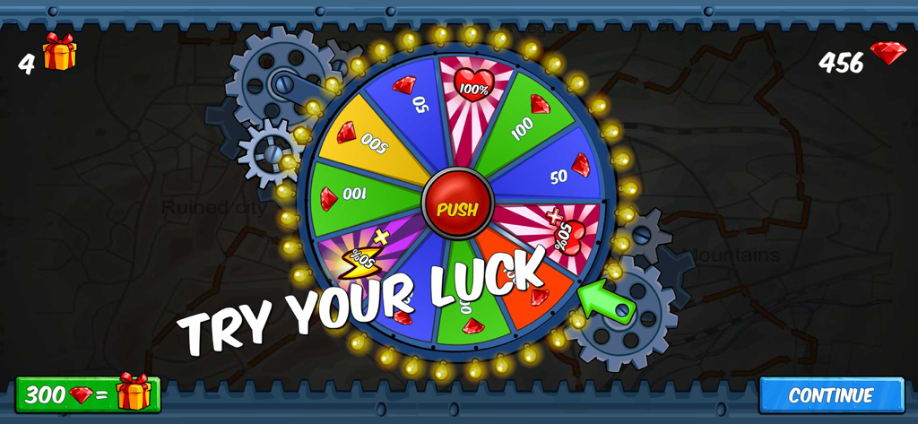 Un jeu de mini-roue de la chance colorée dans Car Eats Car Apocalypse Race où les joueurs peuvent tourner pour des gemmes et des bonus