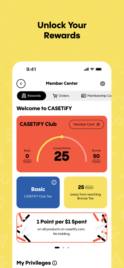 CASETiFY - L'espace membre de l'application CASETiFY affiche les points du programme de fidélité et le statut du club.