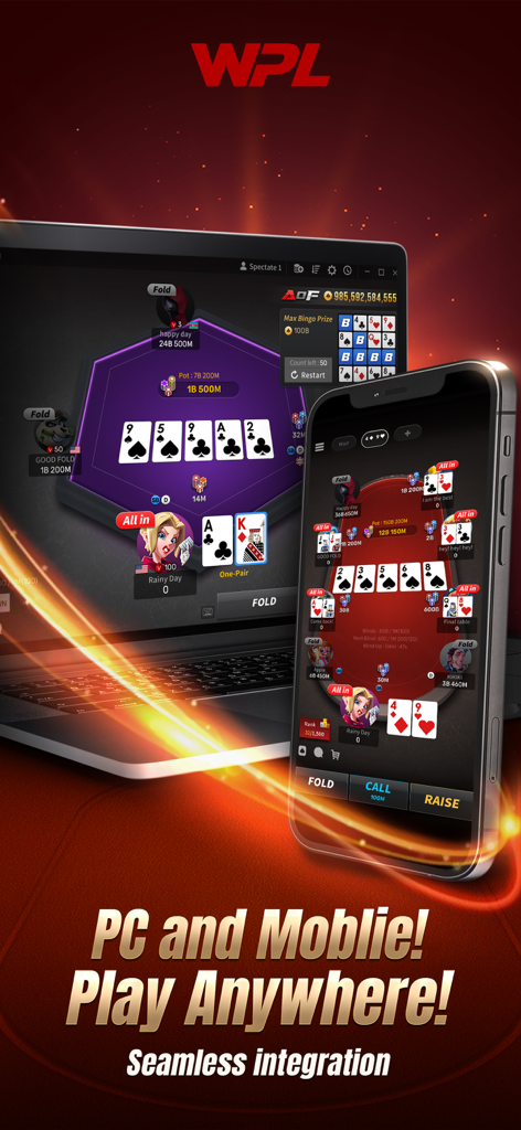 World Poker League gameplay on a laptop and smartphone highlighting cross-play support