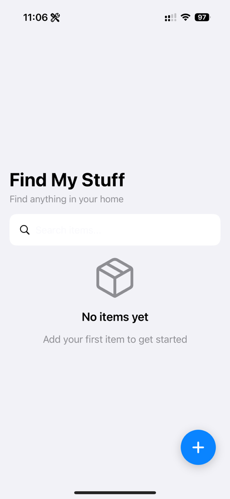 Easy Find My Stuff - Empty home screen of the Easy Find My Stuff app featuring a search bar and a button to add new items.