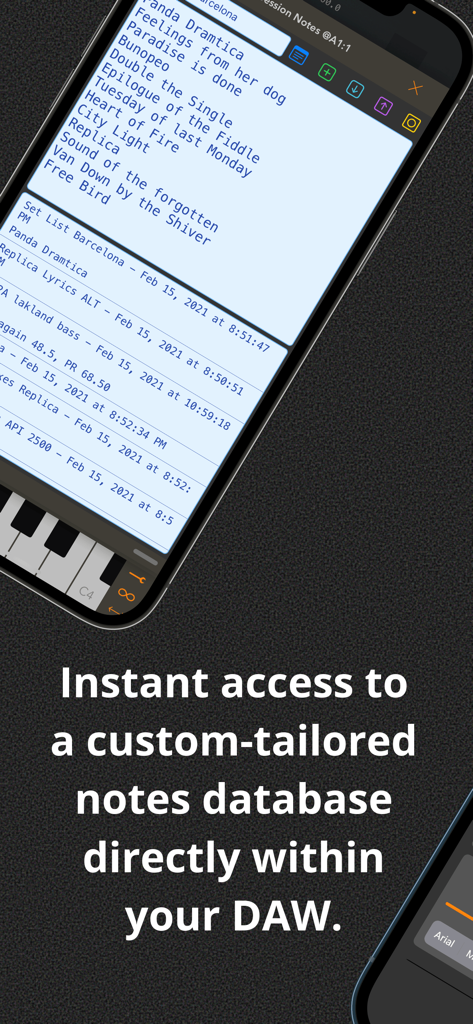 Session Notes AU - Interfaz de Session Notes AU que muestra una base de datos de notas de producción musical y letras en un smartphone