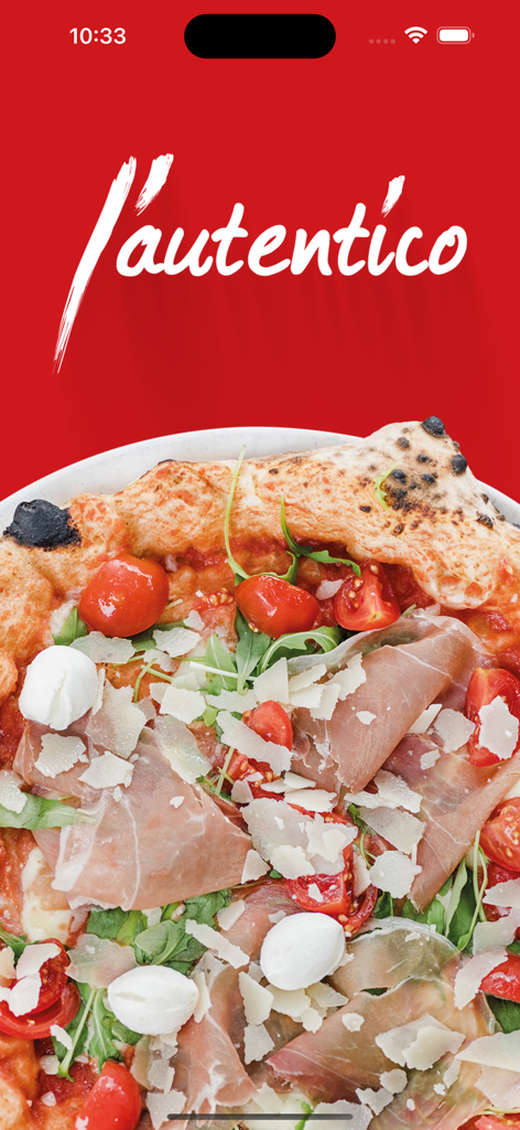 Splash screen for the Lautentico app featuring a fresh gourmet pizza