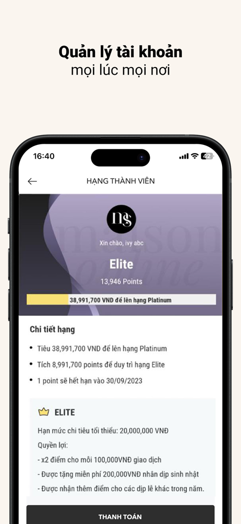 Maison Online app screen displaying user membership status, Elite tier details, and loyalty points.