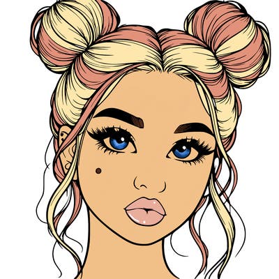 realistic girl with two buns on her hair and lips