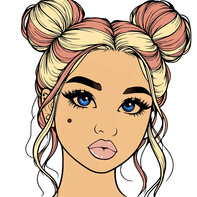 realistic girl with two buns on her hair and lips