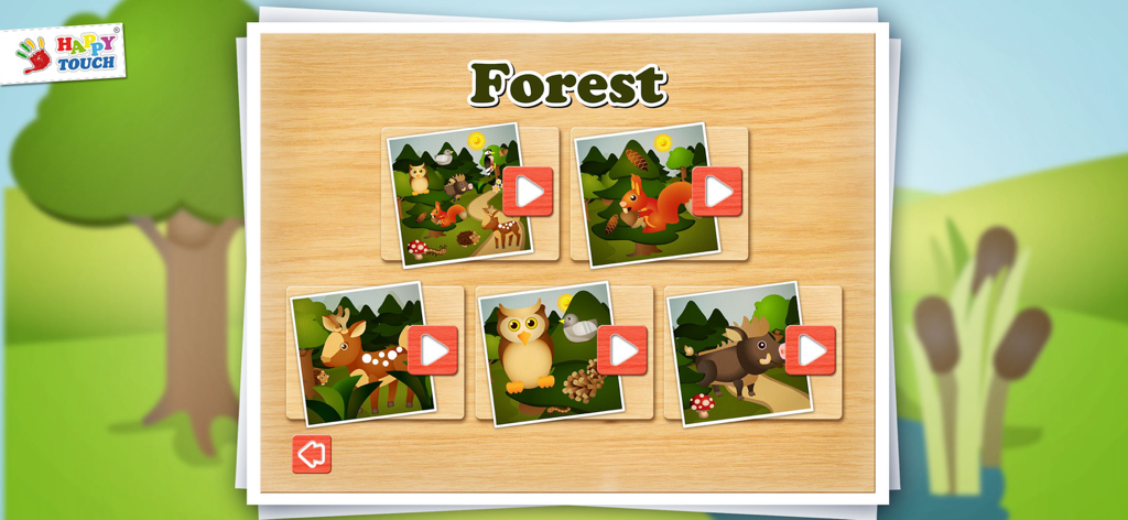 Forest themed puzzle selection menu for toddlers featuring animals like owls, squirrels, and deer