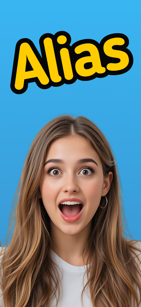 A surprised young woman under the yellow Alias board game logo on a blue background