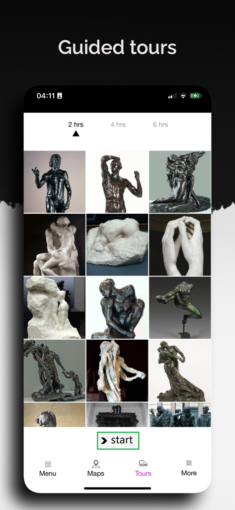 Musee Rodin Audio - Benutzeroberfläche der geführten Touren der Musée Rodin Audio App mit einer Übersicht von Skulpturen-Highlights für eine zweistündige Tour