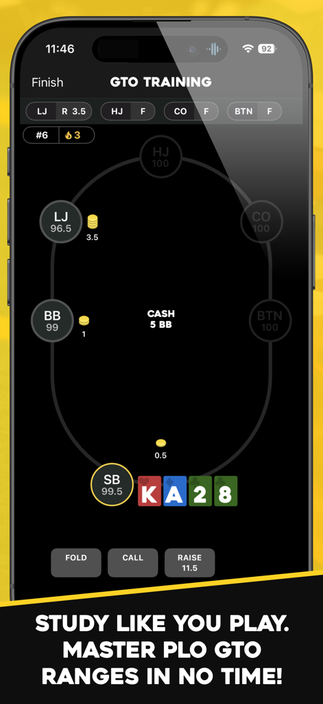 PLO+: Pot Limit Omaha Trainer - Interface of the PLO plus GTO Trainer app showing a Pot Limit Omaha hand decision scenario on a virtual poker table