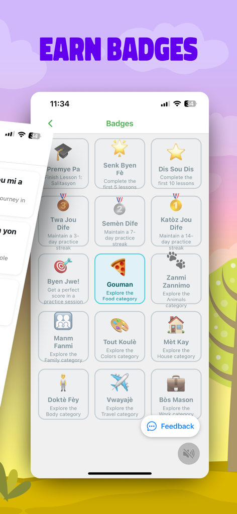 Learn Creole with Jorge - Un écran d'application mobile montrant une grille d'insignes à gagner pour l'apprentissage du créole haïtien, y compris l'achèvement des leçons et les étapes clés par catégorie.