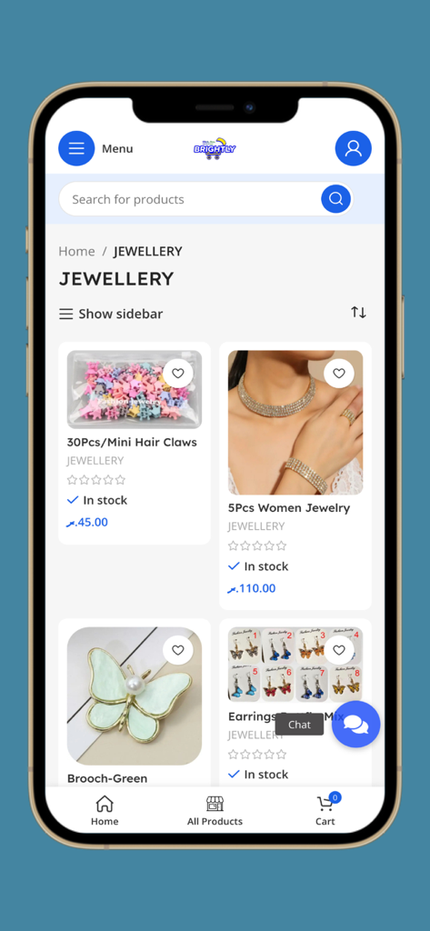 Brightly MV mobile app jewelry category page displaying various fashion accessories and products