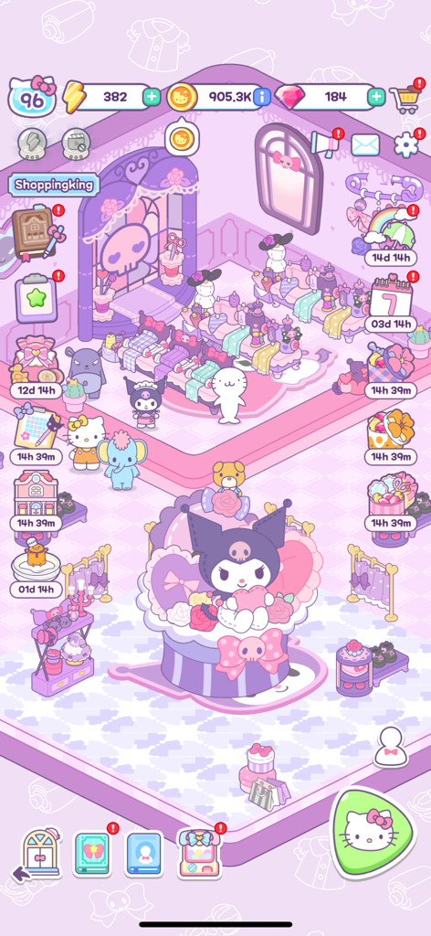 Interior view of a Kuromi themed shopping store with pink and purple gothic-kawaii decorations