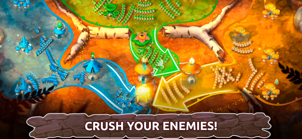 Real time strategy battle scene in Mushroom Wars 2 featuring mushroom armies and base conquest