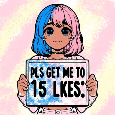 realistic girl holding up a sign that says “pls get me to 15 likes!”