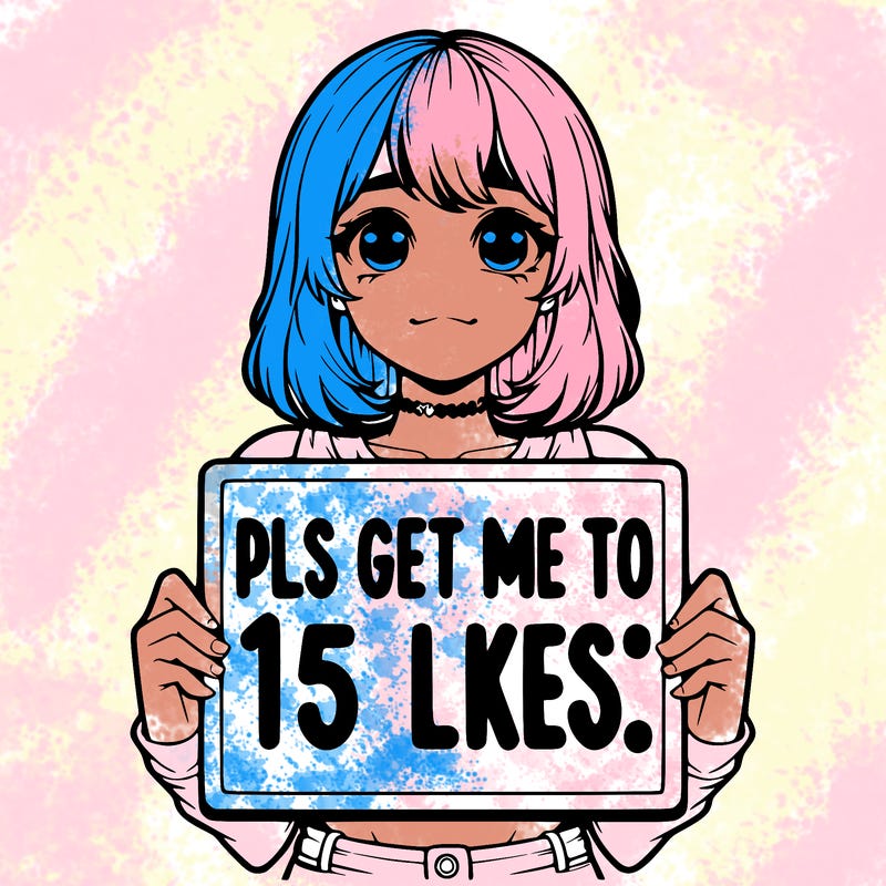 realistic girl holding up a sign that says “pls get me to 15 likes!”