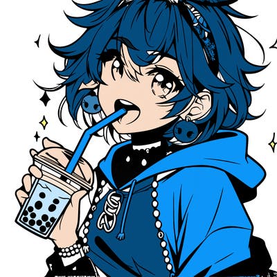 hot baddie anime girl drinking boba and biting the straw