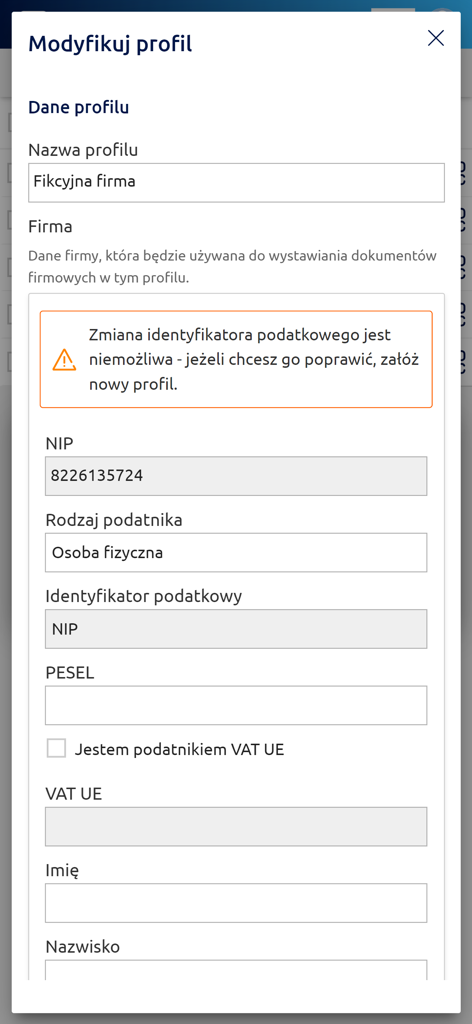 firmly - A tela de configurações de perfil no aplicativo firmly mostrando campos de informações fiscais e da empresa
