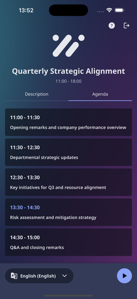 Interactio - Corporate event schedule and audio interpretation selection in the Interactio mobile app.