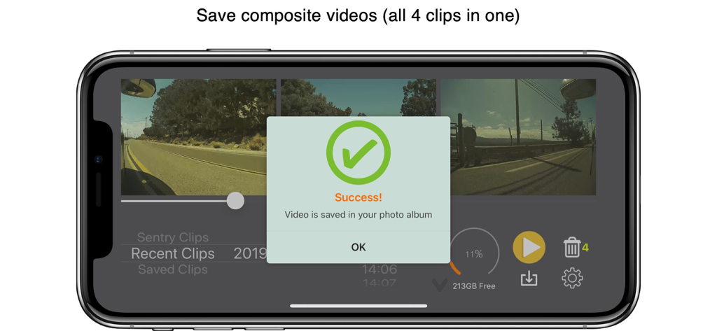 Uma mensagem de sucesso em um iPhone mostrando um vídeo composto Tesla Sentry salvo no álbum de fotos