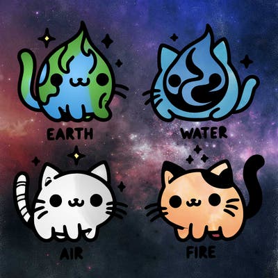 4 cats that represent the different elements, earth, water, air, and fire