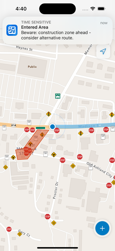 ArcGIS Field Maps - ArcGIS Field Maps mobile interface displaying a geofence alert for a construction zone on a street map