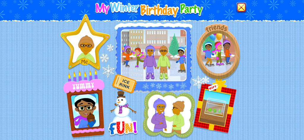 Starfall All About Me - Pantalla de la aplicación Starfall All About Me mostrando un collage de fiesta de cumpleaños de invierno con niños patinando sobre hielo y un muñeco de nieve