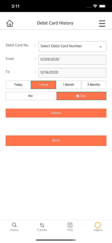 OK BANK Mobile - Interface of OK BANK Mobile showing the debit card transaction history search screen with date filters and inquiry options